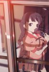  bakemonogatari braid brown_eyes brown_hair glasses hanekawa_tsubasa highres monogatari_(series) nagareboshi power_lines reflection skirt solo window 