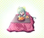  ahoge blush churuya food fruit green_hair kotatsu long_hair lowres mandarin mandarin_orange nose_bubble orange oranges original sleeping table yoshi_(koloio) 