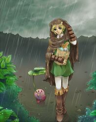  blonde_hair blue_eyes bread food gloves groceries kirby kirby_(series) link nintendo paper_bag rain robe super_smash_bros. the_legend_of_zelda 