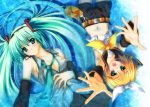  aoi_hiro blonde_hair blush detached_sleeves green_eyes green_hair hands hatsune_miku headset kagamine_rin lying midriff multiple_girls navel necktie open_clothes open_shirt outstretched_arms outstretched_hand reaching shirt shorts twintails vocaloid 