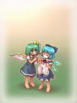  barefoot bloomers blue_hair cirno daiyousei green_hair holding holding_panties multiple_girls panties sankuma short_hair tears touhou underwear wings 