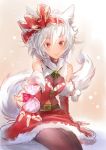  1girl alternate_costume animal_ears bare_shoulders belt bow fingerless_gloves giving gloves hair_bow inubashiri_momiji looking_at_viewer matsuda_(matsukichi) messy_hair navel pantyhose pom_pom_(clothes) red_eyes santa_costume short_hair smile snowing solo tail touhou white_hair wolf_ears wolf_tail 
