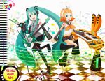  blue_hair boots bow checkered colorful detached_sleeves guitar hair_bow hatsune_miku headset instrument kagamine_rin keyboard keyboard_(instrument) m-hit microphone microphone_stand synthesizer thigh-highs thigh_boots thighhighs twintails vocaloid 