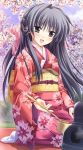  black_hair cherry_blossoms japanese_clothes kimono ladle long_hair tree trees 
