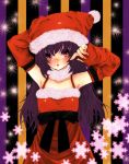  arms_up bad_id christmas detached_sleeves hat highres long_hair original pink_eyes purple_hair santa santa_costume santa_hat snow 
