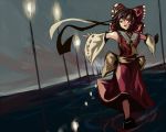  bad_id bow brown_hair detached_sleeves dutch_angle hair_bow hair_ornament hakurei_reimu japanese_clothes lamppost makai_no_juumin miko night open_mouth outstretched_arms reflection ribbon ribbons short_hair smile solo spread_arms streetlights touhou walking walking_on_water water 