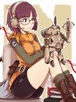  antenna backpack bag bike_shorts blue_eyes book boots bow_(weapon) cable chrono_trigger cord crossbow dragon_ball fanny_pack fingerless_gloves glasses gloves headphones headset ina_(gokihoihoi) ina_(pixiv6911) lucca_ashtear patch purple_hair robo robot scarf short_hair sitting smile socks spandex steam weapon 