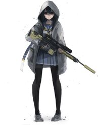  1girl black_hair fingerless_gloves full_body girls_frontline gloves gun hair_between_eyes hood hoodie jacket long_hair pantyhose pleated_skirt rifle school_uniform scope serafuku shaded_face skirt solo super_sass super_sass_(girls_frontline) suppressor unitsu violet_eyes weapon 