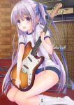  1girl blue_ribbon blush buruma eyebrows_visible_through_hair guitar gym_uniform hair_ribbon highres holding holding_instrument hoshimaemi instrument kneehighs kneeling looking_at_viewer open_mouth purple_hair ribbon smile solo tenshi_no_3p! twintails violet_eyes white_legwear 