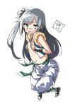  !? 1girl asashio_(kantai_collection) bangs black_ribbon blush breasts cosplay covering covering_breasts dragon_ball ebifurya eyebrows_visible_through_hair full_body fusion gotenks gotenks_(cosplay) grey_eyes grey_hair hair_ribbon highres kantai_collection kasumi_(kantai_collection) long_hair looking_at_viewer navel one_side_up open_mouth pants ribbon simple_background sleeveless small_breasts solo spoken_interrobang stomach sweat white_background 