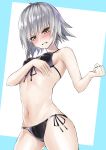  1girl absurdres aizawa_masaya bikini black_bikini blush breasts clenched_hand contrapposto covering covering_breasts cowboy_shot fate/grand_order fate_(series) front-tie_bikini front-tie_top headpiece highres jeanne_alter navel outside_border ruler_(fate/apocrypha) short_hair side-tie_bikini silver_hair simple_background small_breasts solo swimsuit yellow_eyes 