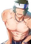  1boy :d alternate_costume aniki_(chaji1129) blurry brown_hair closed_eyes collarbone dark_skin dark_skinned_male depth_of_field enjouji_michiru headband idolmaster idolmaster_side-m jewelry male_focus male_swimwear muscle navel necklace open_mouth pectorals simple_background smile sweatband swimwear white_background 