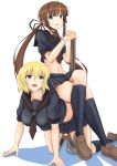  &gt;:) 2girls :d all_fours bangs black_legwear black_serafuku black_skirt blonde_hair blue_eyes blunt_bangs blush breasts brown_hair flat_chest furiruno green_eyes groin gun hairband heterochromia highres large_breasts legs_crossed loafers long_hair looking_at_another looking_at_viewer low_twintails multiple_girls navel open_mouth parted_lips pleated_skirt rifle ryoubi_(senran_kagura) ryouna_(senran_kagura) school_uniform senran_kagura senran_kagura_(series) senran_kagura_shinovi_versus serafuku shoes short_sleeves siblings sisters sitting sitting_on_person skirt smile socks stomach twintails very_long_hair weapon 