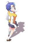  1girl absurdres ahoge blue_eyes blue_hair breasts ciel highres ishii_takuma kneehighs loafers looking_at_viewer medium_breasts school_uniform shadow shoes short_hair skirt smile solo tsukihime type-moon vest white_background yellow_vest 
