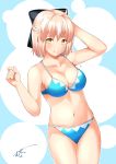  1girl adapted_costume bikini black_bow bow breasts cowboy_shot fate/grand_order fate_(series) koha-ace looking_at_viewer medium_breasts mugipot navel pink_hair sakura_saber shinsengumi short_hair signature solo standing swimsuit thighs yellow_eyes 