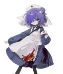  1girl apron bandages bangs blood blood_on_clothes blue_dress blue_eyes buttons chuckdaidai clenched_hand dress flower hair_bun hair_flower hair_ornament hair_over_one_eye hat highres leggings looking_to_the_side mask nurse original purple_hair shawl short_hair simple_background single_hair_bun solo standing white_apron white_background white_flower 