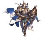  1boy armor armored_boots baotorda blonde_hair blue_eyes boots cape doraf full_body gauntlets gloves granblue_fantasy helmet horns male_focus minaba_hideo shield solo sword transparent_background weapon 