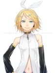  1girl blonde_hair blue_eyes bow character_name detached_sleeves dress english hair_bow hair_ornament hairpin hand_on_hip highres kagamine_rin looking_at_viewer navel short_hair simple_background smile solo standing sugi_214 upper_body vocaloid white_background white_dress 