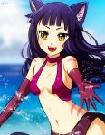  1girl animal_ears ara_(monster_girl_island) black_hair blurry blurry_background body_markings cat_ears cat_girl cat_tail esther facial_mark fangs gloves long_hair looking_at_viewer monster_girl_island navel ocean slit_pupils tagme tail water yellow_eyes 
