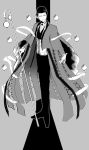  1boy cape fate/grand_order fate_(series) full_body greyscale highres magnifying_glass male_focus monochrome sherlock_holmes_(fate/grand_order) smile solo staff 
