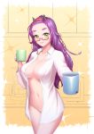  1girl absurdres blush breasts closed_mouth coffee_maker_(object) collarbone commentary_request cowboy_shot cup dress_shirt glasses groin hairband head_tilt highres holding horns large_breasts long_hair long_sleeves looking_at_viewer microwave mug naked_shirt navel open_clothes open_shirt original partially_colored purple_hair red-framed_eyewear semi-rimless_glasses shirt smile solo sparkle standing thick_eyebrows under-rim_glasses w_ruwaki white_shirt yellow_background 