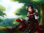  1girl boots brown_hair bullet capelet corset forest grey_eyes looking_at_viewer multicolored_hair nature pantyhose redhead ruby_rose rwby smile solo tree tsuta_no_ha 