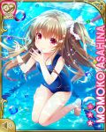  asahina_momoko barefoot brown_hair bubble card_(medium) character_name girlfriend_(kari) knees_together_feet_apart long_hair official_art one-piece_swimsuit pool qp:flapper red_eyes ribbon school_swimsuit side_ponytail swimsuit underwater water 