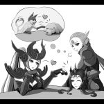  3girls armor cat chocolate chocolate_heart diana_(league_of_legends) dog ear_protection forehead_jewel forehead_protector gloves greyscale heart helmet league_of_legends leona_(league_of_legends) long_hair monochrome multiple_girls oldlim pauldrons short_hair syndra valentine very_long_hair yuri 