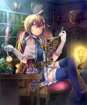  1girl artist_request belt blonde_hair blue_eyes book bookshelf bush chair cygames frills gloves hourglass lantern official_art ornament ponytail reading ribbon see-through shadowverse shield shingeki_no_bahamut sitting smoke sword thigh-highs vial weapon 