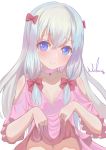  1girl absurdres adapted_costume artist_name bangs bare_shoulders blue_eyes blush bow breasts choker clothes_lift collarbone commentary_request eromanga_sensei eyebrows_visible_through_hair eyelashes hair_between_eyes hair_bow hair_ornament highres izumi_sagiri lifted_by_self long_hair looking_at_viewer parted_bangs pink_bow pink_choker shirt_lift short_sleeves shoulder_cutout sidelocks signature silver_hair simple_background small_breasts smile solo teeth white_background wide_sleeves wuhuo 
