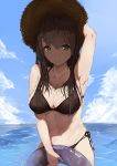  1girl absurdres arm_above_head arm_at_side armpits bikini blue_sky breasts brown_hair clouds cowboy_shot eyebrows_visible_through_hair grain groin hat highres holding holding_hat innertube large_breasts navel original painttool_sai side-tie_bikini sky smile solo straw_hat swimsuit wading 