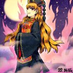  1girl black_dress blonde_hair chinese_clothes dress energy full_moon hands_in_sleeves hat junko_(touhou) long_hair lowres meitei moon red_eyes smile solo standing tabard tassel touhou wavy_hair wide_sleeves 