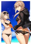  2girls artoria_pendragon_(all) ass bikini black_bikini blue_sky breasts cleavage clouds cloudy_sky corndog cowboy_shot crossed_arms day dutch_angle eyebrows_visible_through_hair fate/grand_order fate_(series) hair_between_eyes hair_ribbon halterneck highres hood hooded_jacket hoodie horizon jacket jeanne_alter karlwolf lens_flare light_brown_hair long_hair low_ponytail medium_breasts multiple_girls navel ocean open_clothes open_hoodie open_jacket outdoors parted_lips ribbon ruler_(fate/apocrypha) saber_alter short_hair side-tie_bikini sideboob sky sleeves_past_wrists small_breasts sunglasses sunglasses_on_head swimsuit yellow_eyes 