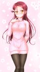  10s 1girl arm_behind_back black_legwear blush cherry_blossoms ckst dress finger_to_mouth floral_background half_updo highres long_hair long_sleeves looking_at_viewer love_live! love_live!_sunshine!! pantyhose pink_background pink_sweater redhead ribbed_sweater sakurauchi_riko smile solo sweater sweater_dress turtleneck turtleneck_sweater yellow_eyes 