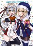  2girls artoria_pendragon_(all) bell black_legwear blonde_hair blue_hat blush bow collarbone eyebrows_visible_through_hair fate_(series) gift green_bow green_ribbon hat headpiece high_heels holding holding_gift jeanne_alter jeanne_alter_(santa_lily)_(fate) komazuki_(komaworks240) looking_at_viewer multiple_girls open_mouth pantyhose ribbon ruler_(fate/apocrypha) saber_alter santa_hat sketch smile 