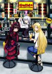  3girls alcohol bar black_gloves blonde_hair blue_eyes blush bottomless brown_hair denim elf figure gate_-_jieitai_ka_no_chi_nite_kaku_tatakaeri gloves gothic_lolita highres jeans lelei_la_lalena lolita_fashion long_hair multiple_girls pants pointy_ears rory_mercury sandals sao_satoru silver_hair smile tuka_luna_marceau vest violet_eyes 