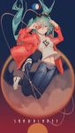  1girl alternate_costume aqua_eyes aqua_hair denim glasses_on_head groin hatsune_miku highres jacket jeans jumping magical_mirai_(vocaloid) midriff navel pants shirt shoes sneakers solo t-shirt twintails vocaloid 