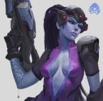  1girl arm_tattoo bodysuit breasts earrings gloves gun head_mounted_display highres holding holding_gun holding_weapon jewelry lips long_hair looking_to_the_side medium_breasts nick_gan nose overwatch pink_bodysuit ponytail purple_hair purple_skin rifle solo stud_earrings tattoo upper_body weapon widowmaker_(overwatch) yellow_eyes 
