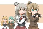  4girls :d :t ascot b-man braid brown_eyes brown_hair commentary_request curly_hair detached_sleeves eating ehoumaki food french_braid green_eyes green_hair headgear holding kantai_collection kumano_(kantai_collection) light_brown_hair long_hair makizushi multiple_girls open_mouth pleated_skirt pola_(kantai_collection) ponytail silver_hair skirt smile sushi suzuya_(kantai_collection) wavy_mouth zara_(kantai_collection) 