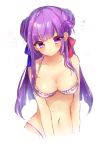  1girl alternate_hairstyle bare_arms bare_shoulders bikini blue_ribbon breasts cleavage double_bun flying_sweatdrops hair_ribbon halter_top halterneck highres long_hair looking_at_viewer medium_breasts navel patchouli_knowledge purple_bikini purple_hair red_ribbon ribbon shanghai_bisu simple_background sketch solo star swimsuit touhou upper_body violet_eyes white_background 