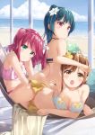  10s 3girls back ball bangs beach beachball bikini bikini_skirt blue_hair breasts cleavage commentary_request flower green_eyes hair_flower hair_ornament hammock kunikida_hanamaru kurosawa_ruby long_hair looking_back love_live! love_live!_sunshine!! lying micopp midriff multiple_girls navel ocean shading_eyes side_bun sitting smile swimsuit tankini towel tsushima_yoshiko two_side_up violet_eyes yellow_eyes 