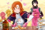  2boys 2girls ^_^ apron arms_behind_back blush chibi closed_eyes drooling eating english fingerless_gloves food fork gloves heart jaune_arc knife lie_ren multicolored_hair multiple_boys multiple_girls nora_valkyrie orange_hair pancake pink_gloves plate ruby_rose rwby smile syrup tsuta_no_ha violet_eyes 