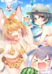  &gt;xd 5girls :d ? animal_ears arare_mochiko bare_shoulders beach bikini bikini_skirt black_hair blindfold blonde_hair blue_sky blush breasts bucket_hat chibi clenched_hands closed_eyes clouds collarbone commentary_request day fang flying food fruit grey_hair hat hat_feather head_wings highres jaguar_(kemono_friends) jaguar_ears jaguar_print japanese_crested_ibis_(kemono_friends) kaban_(kemono_friends) kemono_friends laughing looking_at_viewer lucky_beast_(kemono_friends) medium_breasts multiple_girls navel ocean open_mouth outdoors print_bikini rectangular_mouth serval_(kemono_friends) serval_ears serval_print short_hair sky small-clawed_otter_(kemono_friends) smile spoken_question_mark swimsuit tail watermelon white_hair 