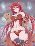  1girl :q absurdres animal_ears ass_visible_through_thighs bangs bare_shoulders black_legwear breasts cerberus_(shingeki_no_bahamut) choker corset dog_ears female furiruno gauntlets gluteal_fold greaves groin half_choker hand_on_hip hand_puppet highres large_breasts looking_at_viewer lowleg_panties midriff mound_of_venus navel panties posing puppet red_choker red_corset red_eyes red_gauntlets red_greaves red_panties red_tubetop redhead shingeki_no_bahamut side-tie_panties smile solo standing stomach strapless thigh-highs thigh_gap tongue tongue_out tubetop twintails underwear very_long_hair wide_hips 