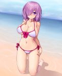  1girl arm_at_side asamura_hiori beach bikini blush breasts cleavage closed_mouth day eyebrows_visible_through_hair fate/grand_order fate_(series) front-tie_bikini front-tie_top full_body hair_over_one_eye hand_on_own_chest highres horizon kneeling large_breasts medium_hair navel outdoors partially_submerged purple_hair shielder_(fate/grand_order) side-tie_bikini smile solo swimsuit violet_eyes white_bikini 