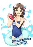  1girl blue_bow blush bow brown_eyes brown_hair collarbone eyebrows_visible_through_hair hair_bow happy_birthday heart highres idolmaster idolmaster_cinderella_girls innertube jakelian long_hair looking_at_viewer parted_lips school_swimsuit smile solo swimsuit tachibana_arisu 