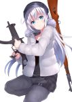  1girl absurdres alternate_costume belt black_pants blue_eyes bolt_action gun h&amp;k_ump hair_between_eyes heckler_&amp;_koch hibiki_(kantai_collection) highres holding holding_gun holding_weapon jacket kantai_collection long_hair long_sleeves mauser_98 nagiha_kuten pants playerunknown&#039;s_battlegrounds silver_hair simple_background solo submachine_gun weapon white_background white_jacket 