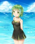  1girl arms_behind_back bangs bare_shoulders black_choker black_dress blue_sky breasts choker clouds cowboy_shot day dress flower green_eyes green_hair gumi hair_flower hair_ornament looking_at_viewer ocean open_mouth outdoors short_hair sidelocks sky sleeveless sleeveless_dress small_breasts smile solo standing star vocaloid zhi_(yammycheese) 