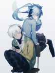  1boy 1girl back-to-back blue_hair cardigan cellphone chair cosplay ene_(kagerou_project) enomoto_takane enomoto_takane_(cosplay) grey_background headphones highres kagerou_project kokonose_haruka kokonose_haruka_(cosplay) konoha_(kagerou_project) long_hair looking_at_another pants phone plaid plaid_pants plaid_skirt ponytail red_eyes school_uniform shizu_(9394marimo) short_hair simple_background sitting skirt sleeves_past_wrists smartphone sweatdrop thigh-highs twintails white_hair 
