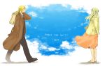  1boy 1girl 2017 arm_behind_back black_pants black_shoes blonde_hair blue_background blue_eyes clouds cloudy_sky coat couple dress earrings edward_elric eye_contact fullmetal_alchemist hand_in_pocket happy highres jacket jewelry long_hair looking_at_another number pants pink_dress ponytail sandals shoes simple_background sky smile standing suitcase waistcoat walking white_background winry_rockbell yellow_eyes 